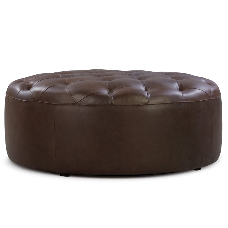 Latitude Run Gazit 40" Genuine Leather Tufted Round Cocktail Ottoman